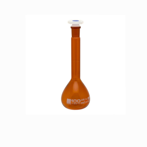 Amber volumetric flask Class B with PE stopper, BORO 3.3 borosilicate glass for routine solution preparation, LabChoice Australia.