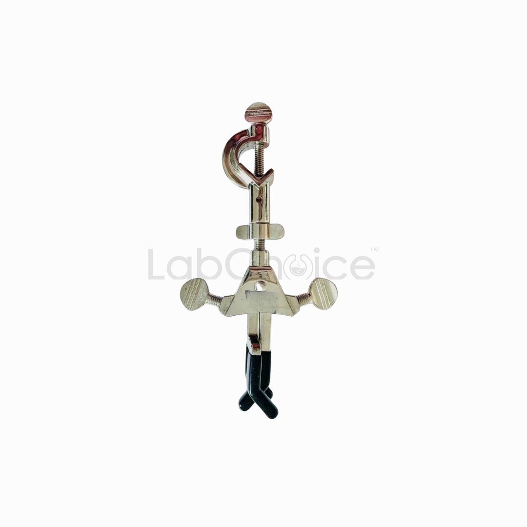 Three finger clamp with double adjustable swivel bosshead securing laboratory glassware on a retort stand, LabChoice Australia.