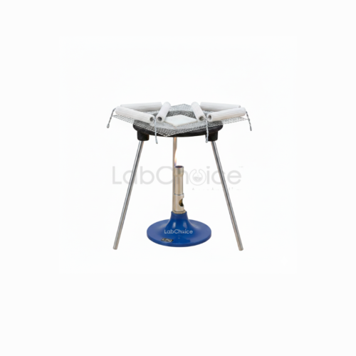 Bunsen Burner Kit with tripod stand, wire gauze mat and clay pipe for laboratory heating support, supplied by LabChoice Australia.
