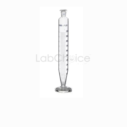 Crow receiver cylinder Class B with interchangeable stopper made from BORO 3.3 borosilicate glass, laboratory distillation receiver supplied by LabChoice Australia
