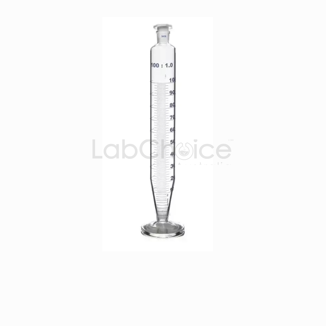 Crow receiver cylinder Class B with interchangeable stopper made from BORO 3.3 borosilicate glass, laboratory distillation receiver supplied by LabChoice Australia