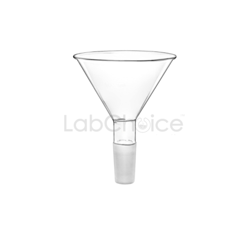 Jointed powder funnel made from BORO 3.3 borosilicate glass for clean transfer of powders into jointed lab glassware.