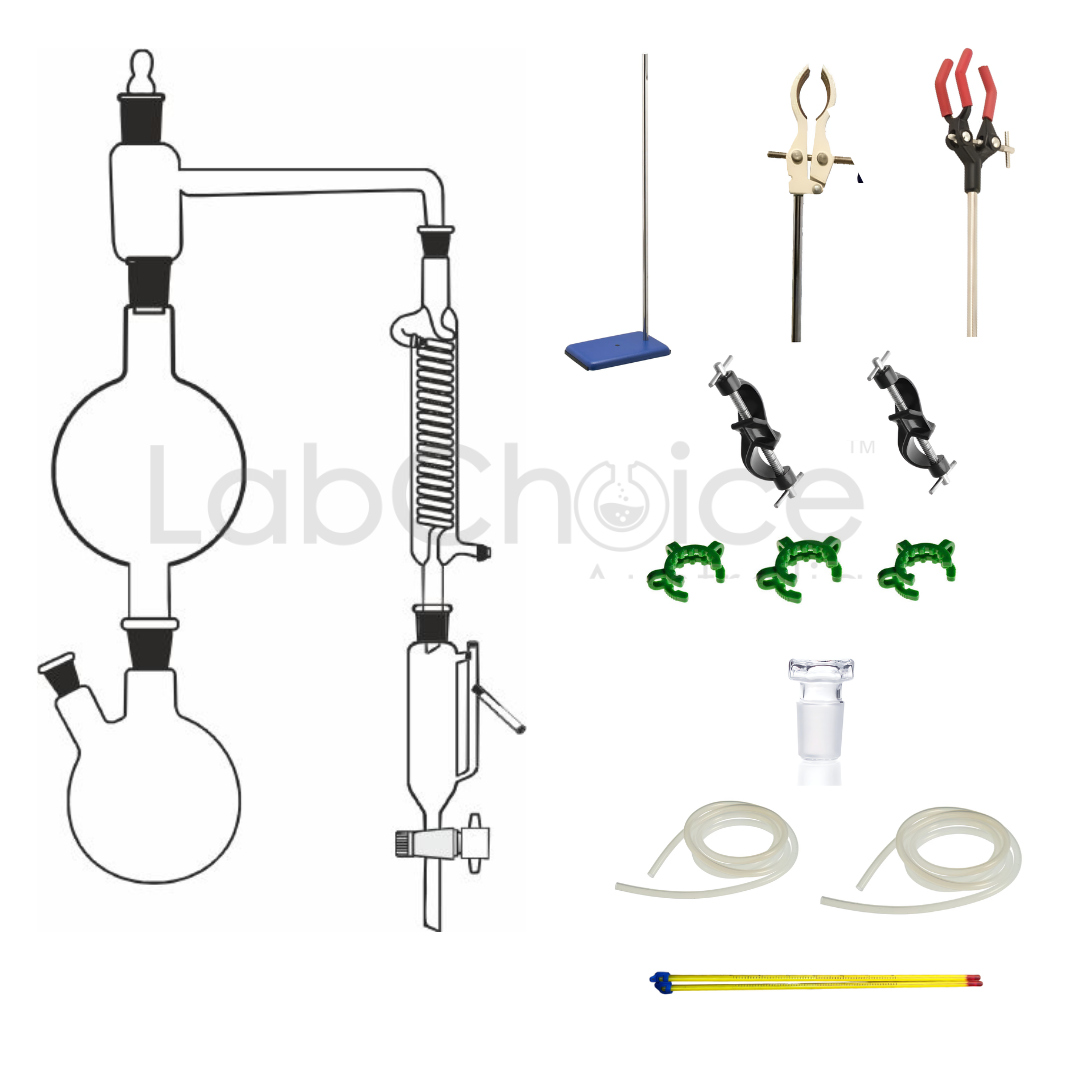 Steam Distillation Kit for essential oil extraction, BORO 3.3 borosilicate glass laboratory apparatus assembled on a bench.