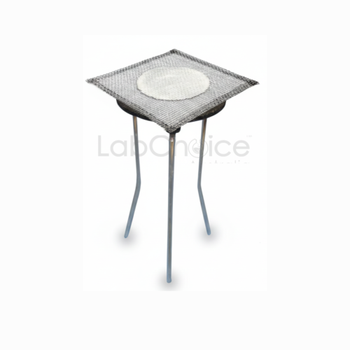 Laboratory tripod stand with wire gauze mat supporting glassware for heating over a Bunsen burner, supplied by LabChoice Australia