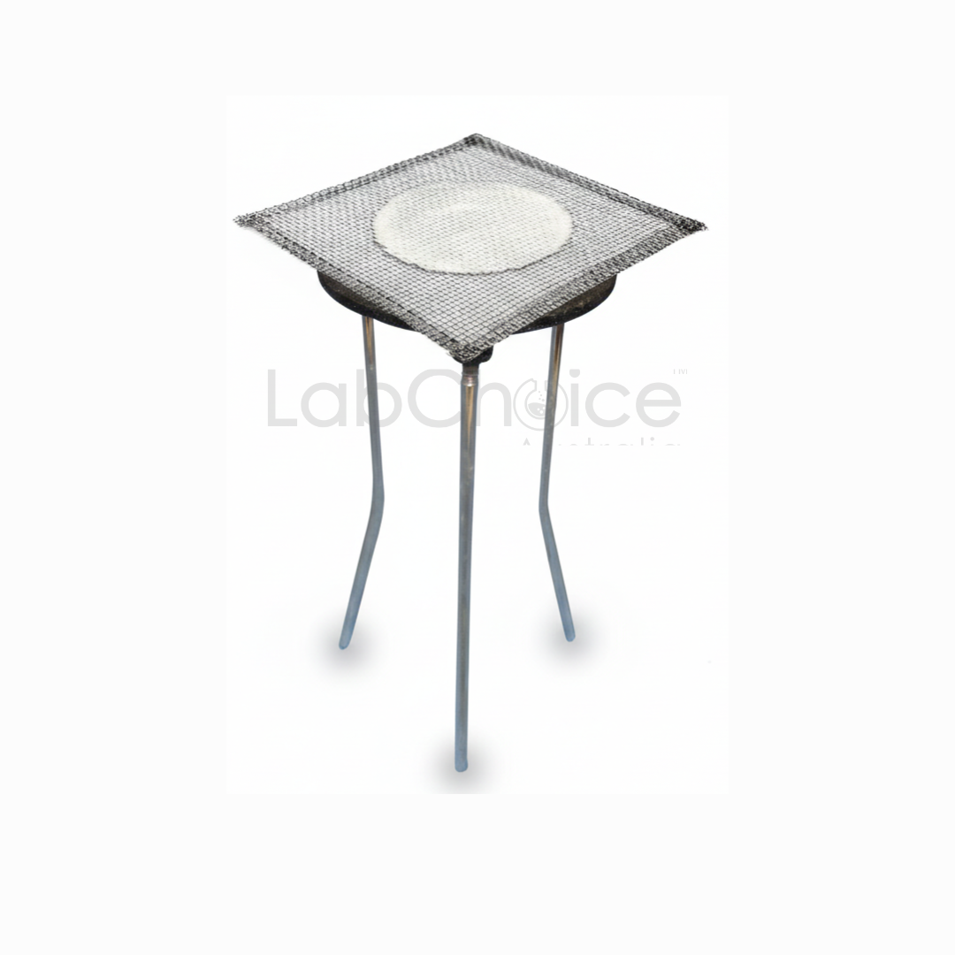 Laboratory tripod stand with wire gauze mat supporting glassware for heating over a Bunsen burner, supplied by LabChoice Australia