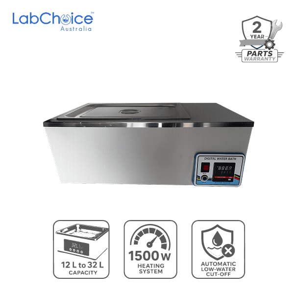 Heated Water Bath with LED Display and Automatic Low-Water Cut-Off, 12 L to 32 L Capacity-LabChoice Australia (1) Heated Water Bath with LED Display and Automatic Low Water Cut Off 12 L to 32 L Capacity LabChoice Australia 1