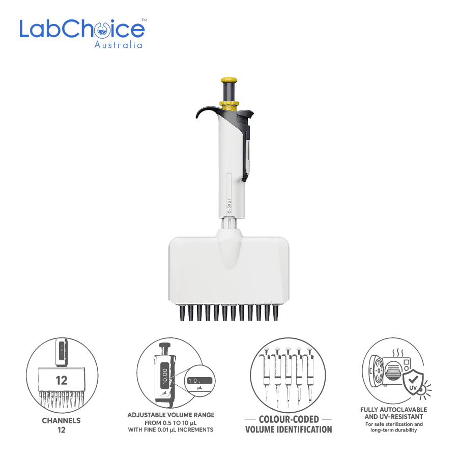 Hipipette Adjustable 12 Channel Manual Pipette Fully Autoclavable and Colour Coded Coded Single Channel Mechanical Pipette LabChoice Australia