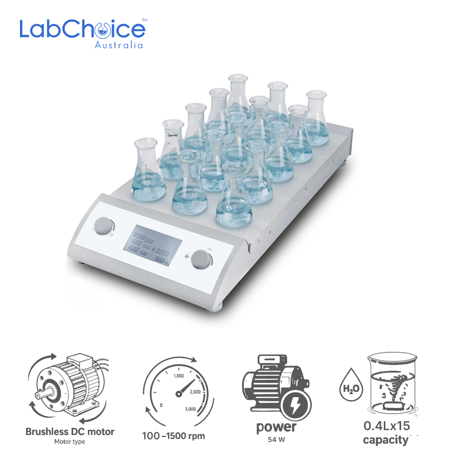 LCD 15-Channel Magnetic Stirrer, Aluminium Work Plate, up to 0.4 L Capacity-LabChoice Australia LCD 15 Channel Magnetic Stirrer Aluminium Work Plate up to 0.4 L Capacity LabChoice Australia