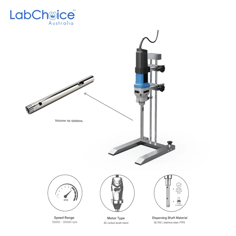 High Speed Homogenizer with Stand and Shaft for Emulsification 10 5000 mL Capacity 10000 30000 rpm LabChoice Australia