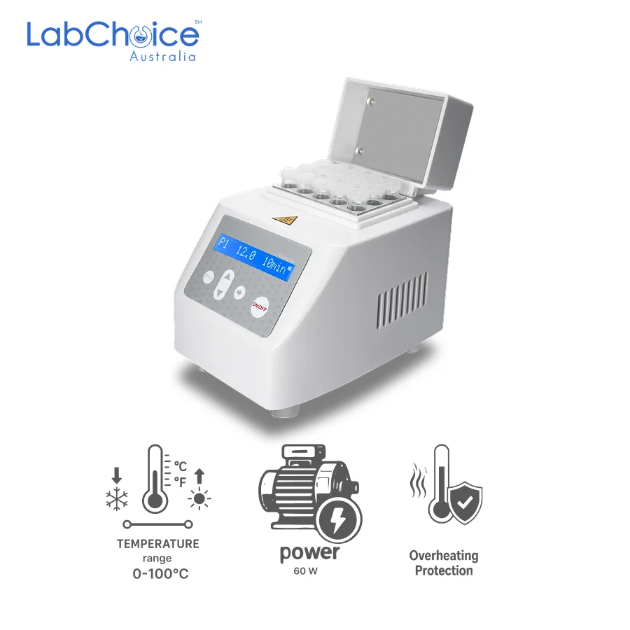 Mini Dry Bath with Heating, Cooling and Hot Lid, with 1 Free Heating Block up to 100°C-LabChoice Australia Mini Dry Bath with Heating Cooling and Hot Lid with 1 Free Heating Block up to 100°C LabChoice Australia