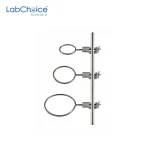 Stainless steel retort ring with attached bosshead mounted on a laboratory retort stand, used to support funnels and glassware during experiments.