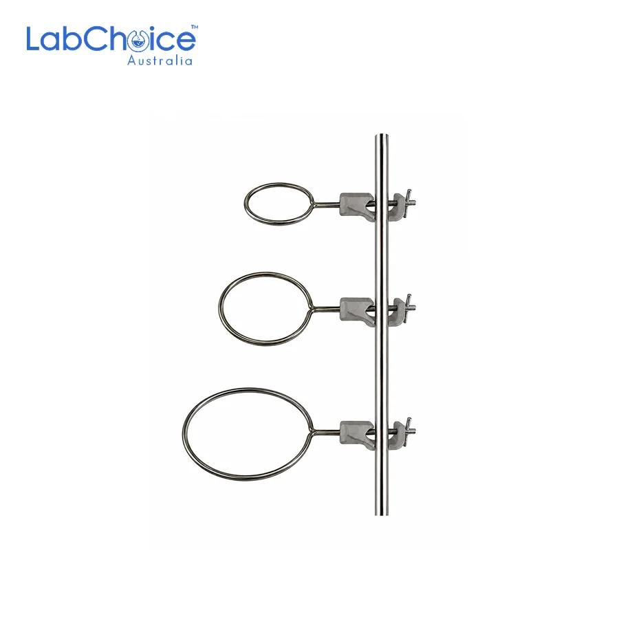 Stainless steel retort ring with attached bosshead mounted on a laboratory retort stand, used to support funnels and glassware during experiments.