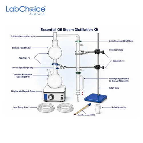 Steam Distillation Kit for essential oil extraction, BORO 3.3 borosilicate glass laboratory apparatus assembled on a bench.