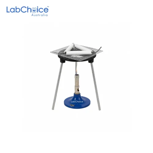 Bunsen Burner Kit with tripod stand, wire gauze mat and clay pipe for laboratory heating support, supplied by LabChoice Australia.