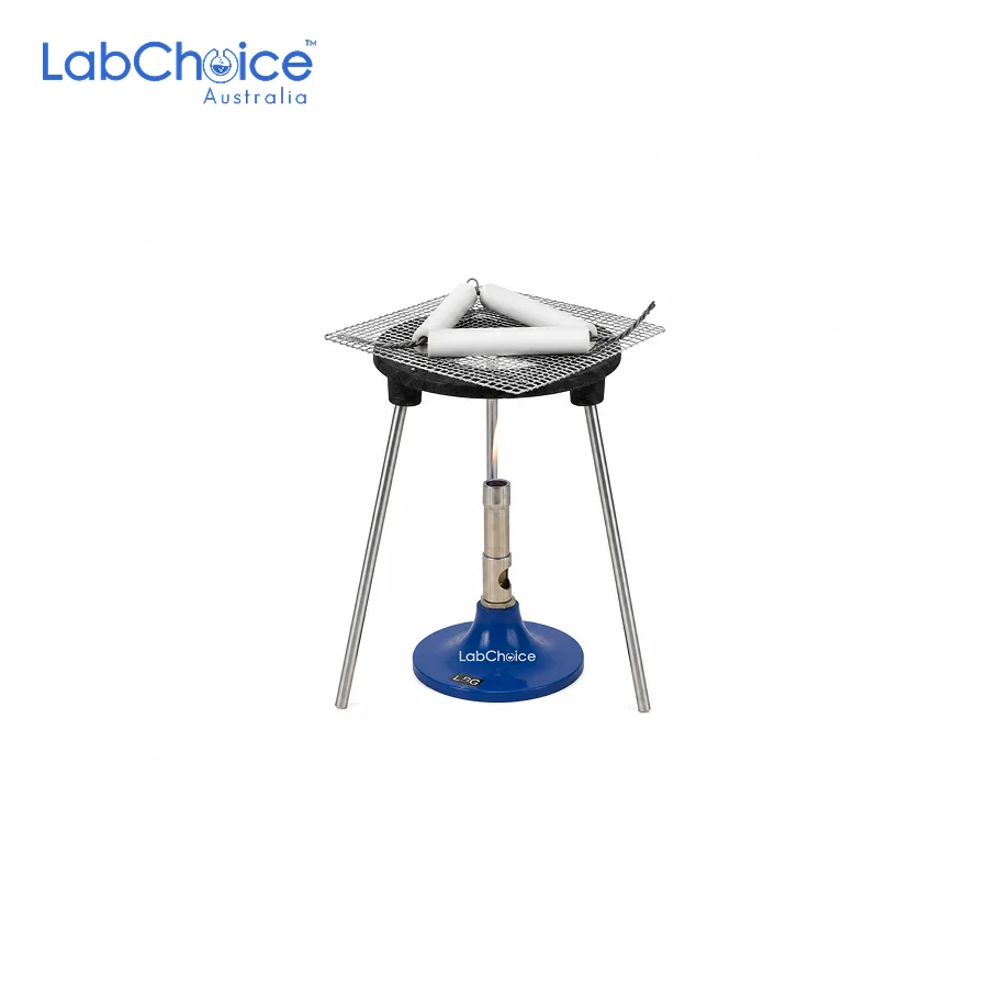 Bunsen Burner Kit with tripod stand, wire gauze mat and clay pipe for laboratory heating support, supplied by LabChoice Australia.