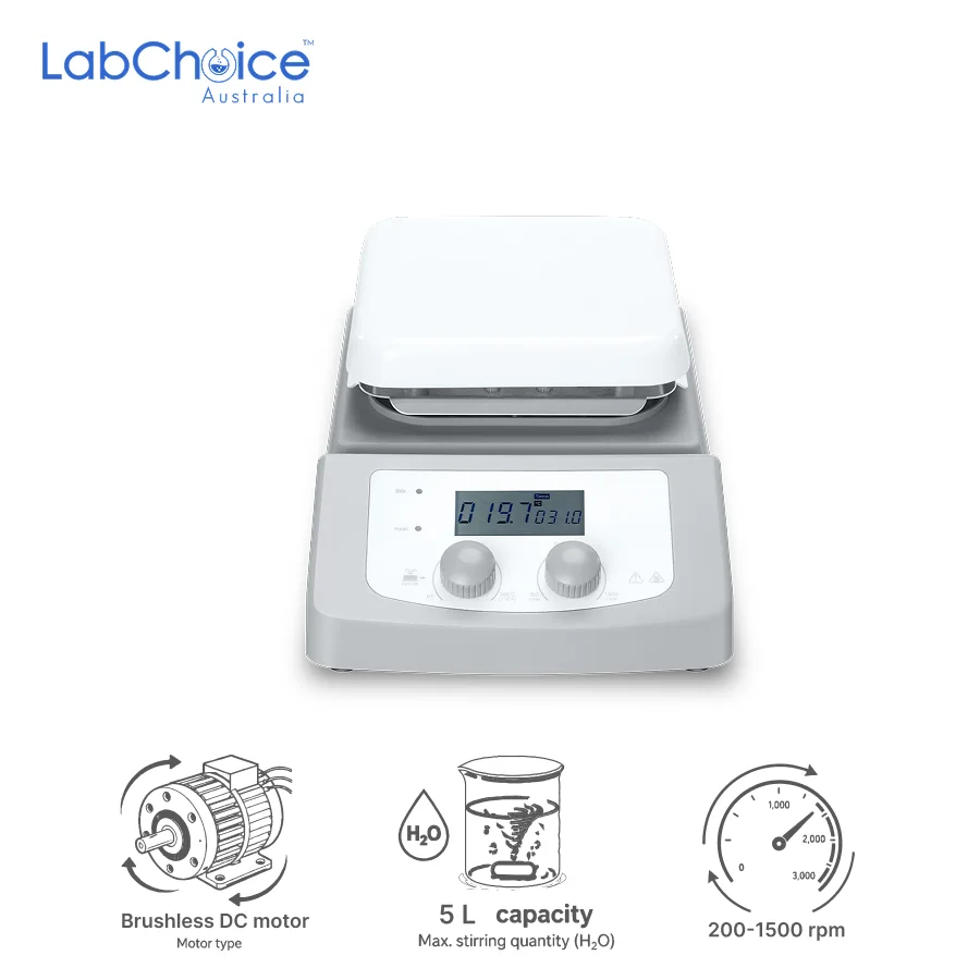 LCD Magnetic Hotplate Stirrer with 7 Inch Glass Ceramic Plate Up to 20 L Capacity LabChoice Australia 1