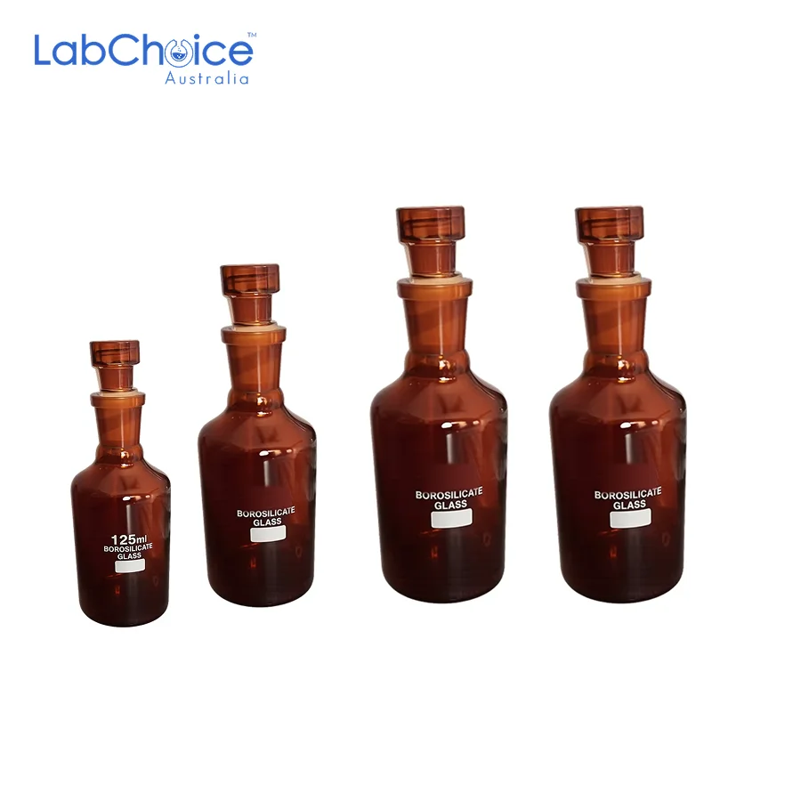 Amber Reagent Bottle Narrow Mouth with Stopper BORO 3.3 Glass LabChoice AU