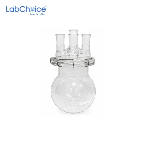 Four-Neck Reaction Flask with Lid and Clamp, BORO 3.3 Glass - Image 1