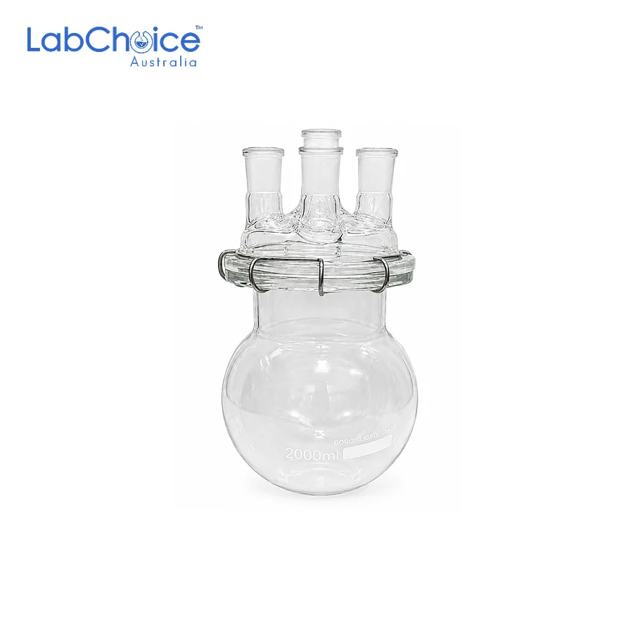 Four Neck Reaction Flask with Lid and Clamp BORO 3.3 Glass LabChoice Australia