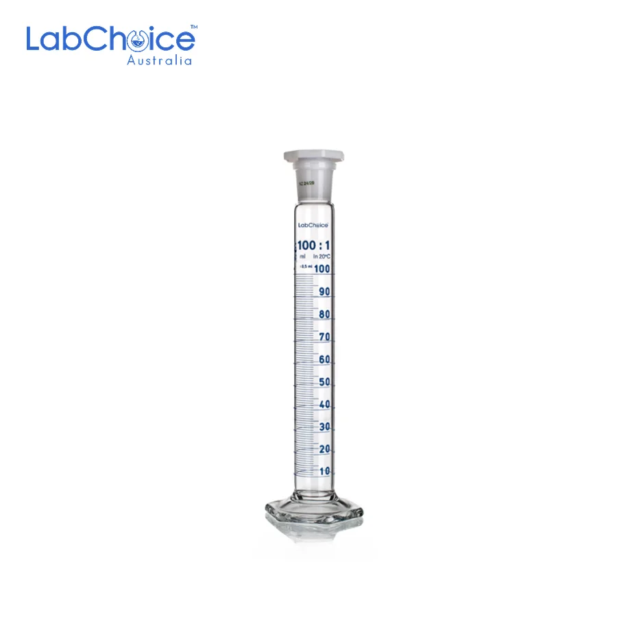 Measuring Cylinder Class B, Interchangeable Stopper, Round Base, Borosilicate Glass (BORO 3.3) Measuring cylinder Class B with interchangeable stopper and round base, borosilicate glass BORO 3.3, LabChoice Australia