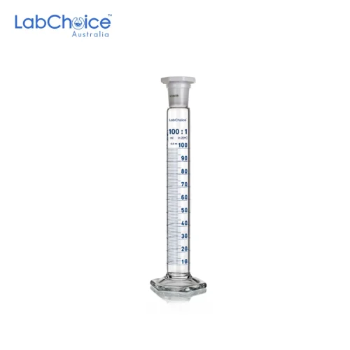 Measuring cylinder Class A with interchangeable stopper and round base, borosilicate glass BORO 3.3, LabChoice Australia