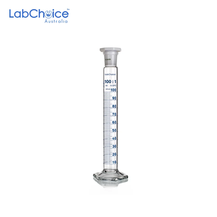 Measuring cylinder Class A with interchangeable stopper and round base, borosilicate glass BORO 3.3, LabChoice Australia