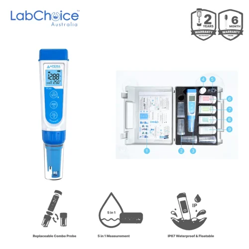 Premium Pocket Multiparameter Tester Kit PC60 for pH, EC, TDS, Salinity and Temperature, -2.00 to 16.00 pH