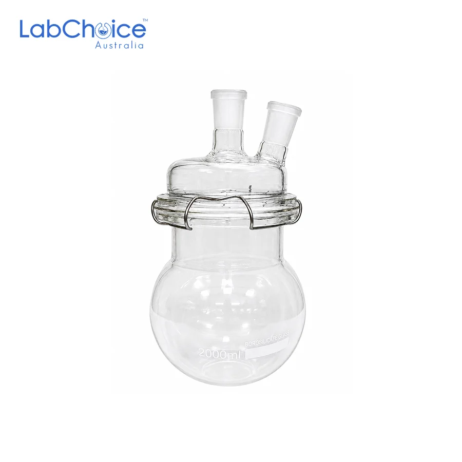 Two-Neck Reaction Flask with Lid and Clamp, BORO 3.3-LabChoice Australia Two Neck Reaction Flask with Lid and Clamp BORO 3.3 LabChoice Australia