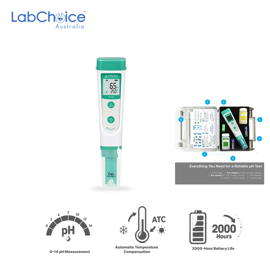 pH Tester Kit PH20 with ATC for Water Testing, 0 to 14.0 pH-LabChoice AU (1) pH Tester Kit PH20 with ATC for Water Testing 0 to 14.0 pH LabChoice AU 1