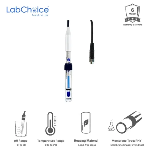 pH/Temp Electrode for High Temperature and Caustic Water Solutions, Non-Refillable, Glass Body, 0–13 pH pH/Temp Electrode for High Temperature and Caustic Water Solutions, Non-Refillable, Glass Body, 0–13 pH - Image 1